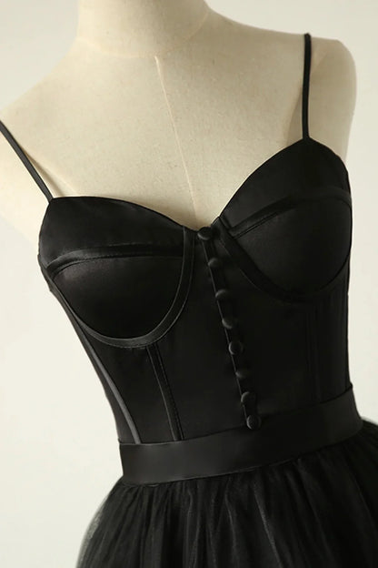 Black A-Line Spaghetti Strap Long Prom Dresses