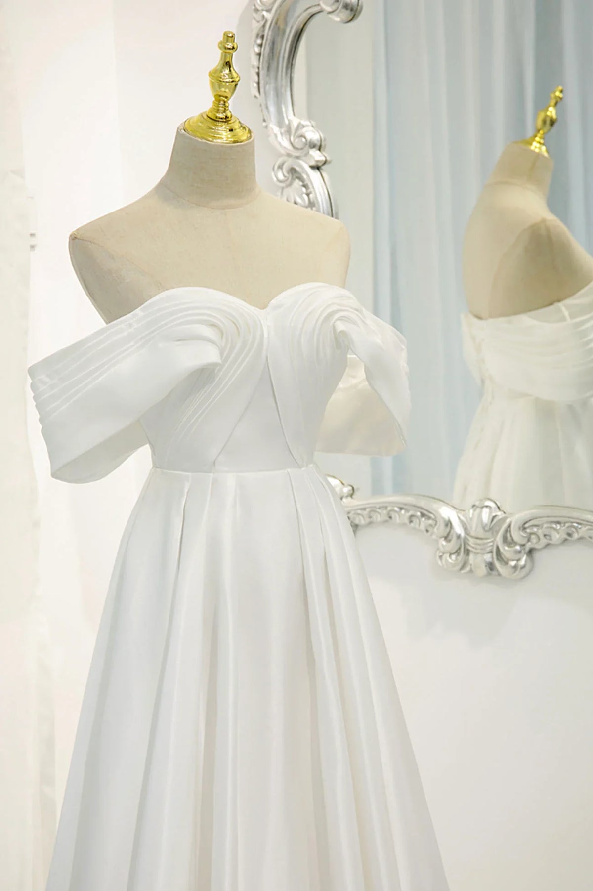 Off the Shoulder White Satin Long Prom Dress