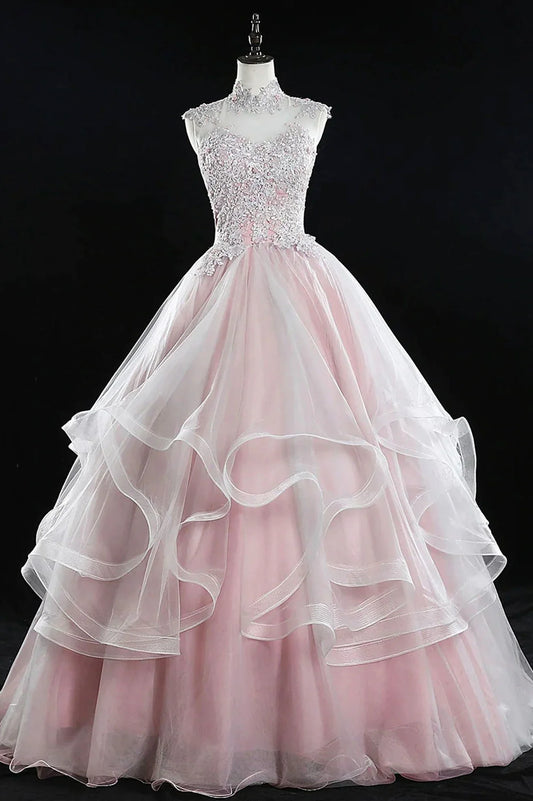 Pink Tulle Lace Sweet Prom Dresses With Applique Bead string