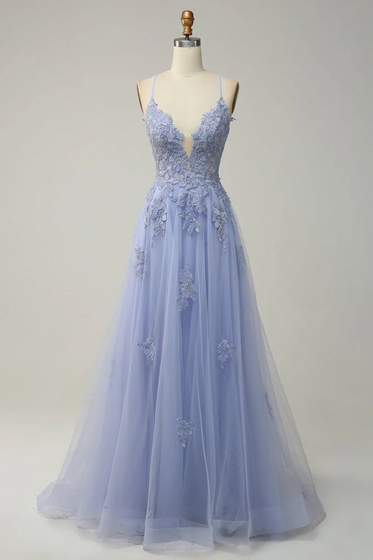 Deep V Neck Backless Lace Up Spaghetti Straps Appliques Tulle Prom Dress