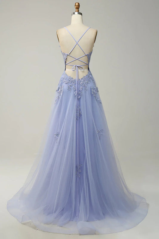 Deep V Neck Backless Lace Up Spaghetti Straps Appliques Tulle Prom Dress