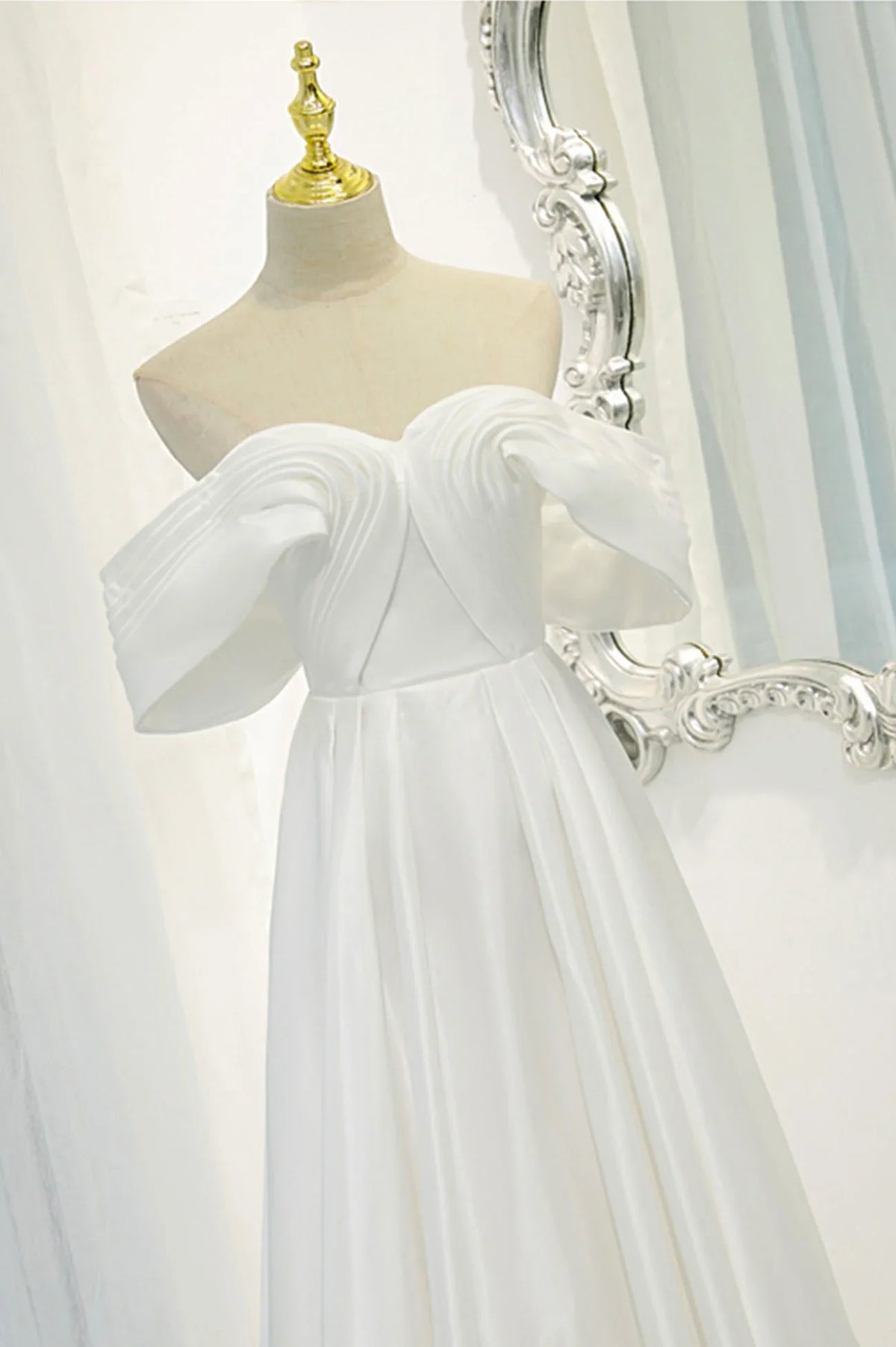 Off the Shoulder White Satin Long Prom Dress