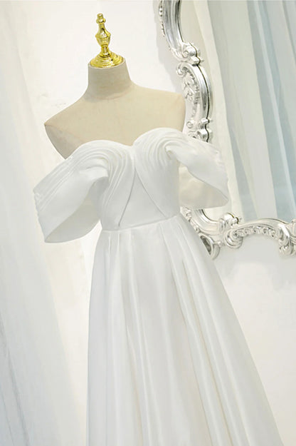 Off the Shoulder White Satin Long Prom Dress