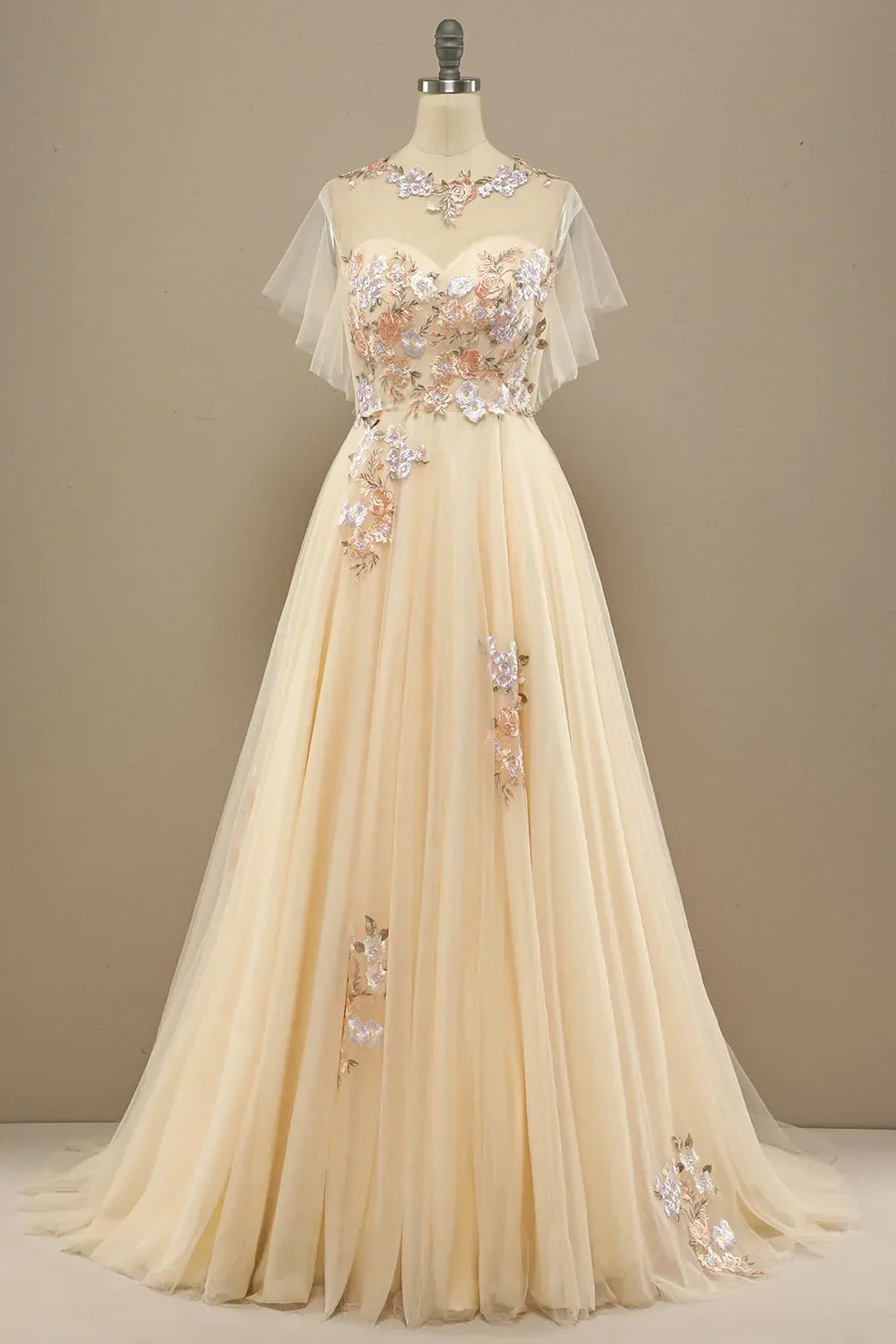 A Line Floral Short Sleeves Long Prom Dress With Appliques