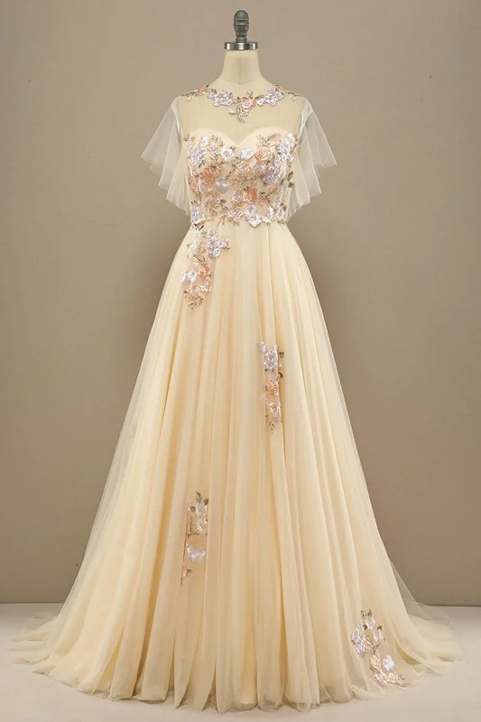 A Line Floral Short Sleeves Long Prom Dress With Appliques