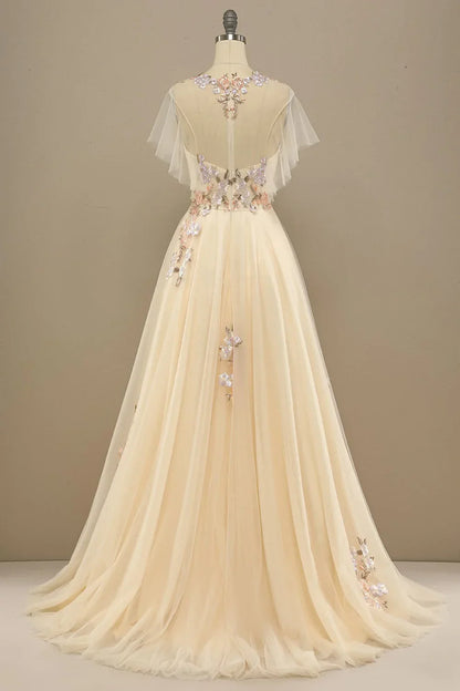 A Line Floral Short Sleeves Long Prom Dress With Appliques