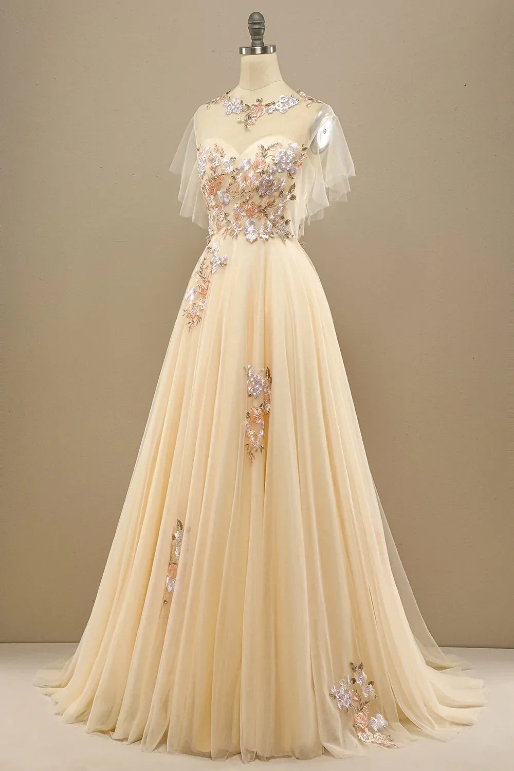 A Line Floral Short Sleeves Long Prom Dress With Appliques