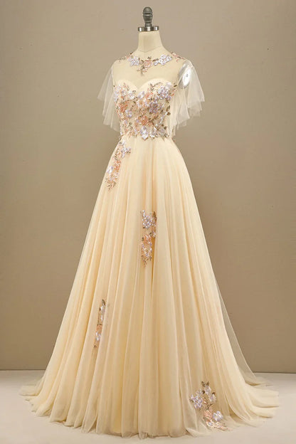 A Line Floral Short Sleeves Long Prom Dress With Appliques