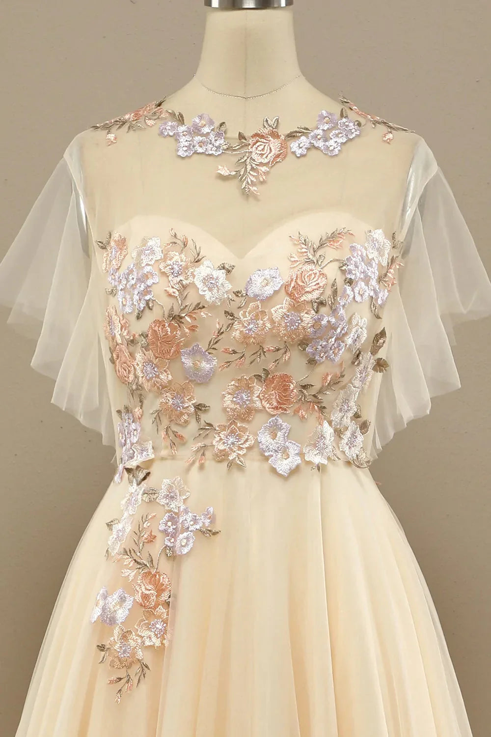 A Line Floral Short Sleeves Long Prom Dress With Appliques