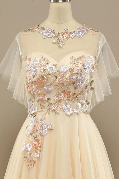 A Line Floral Short Sleeves Long Prom Dress With Appliques