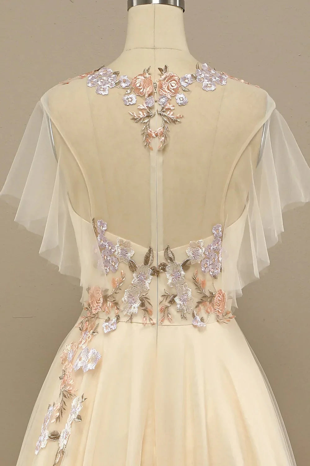 A Line Floral Short Sleeves Long Prom Dress With Appliques