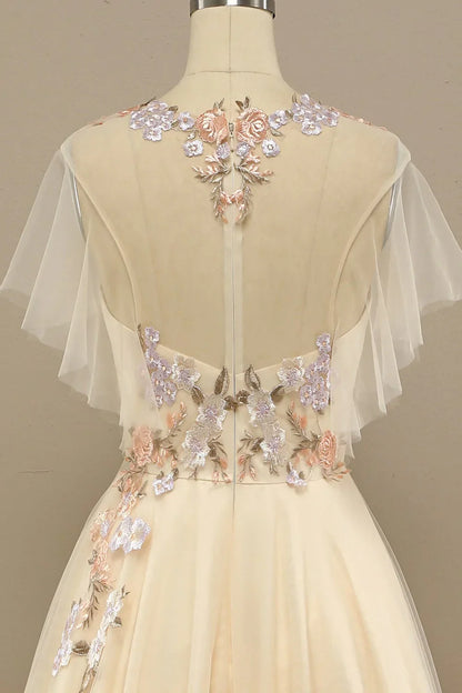 A Line Floral Short Sleeves Long Prom Dress With Appliques