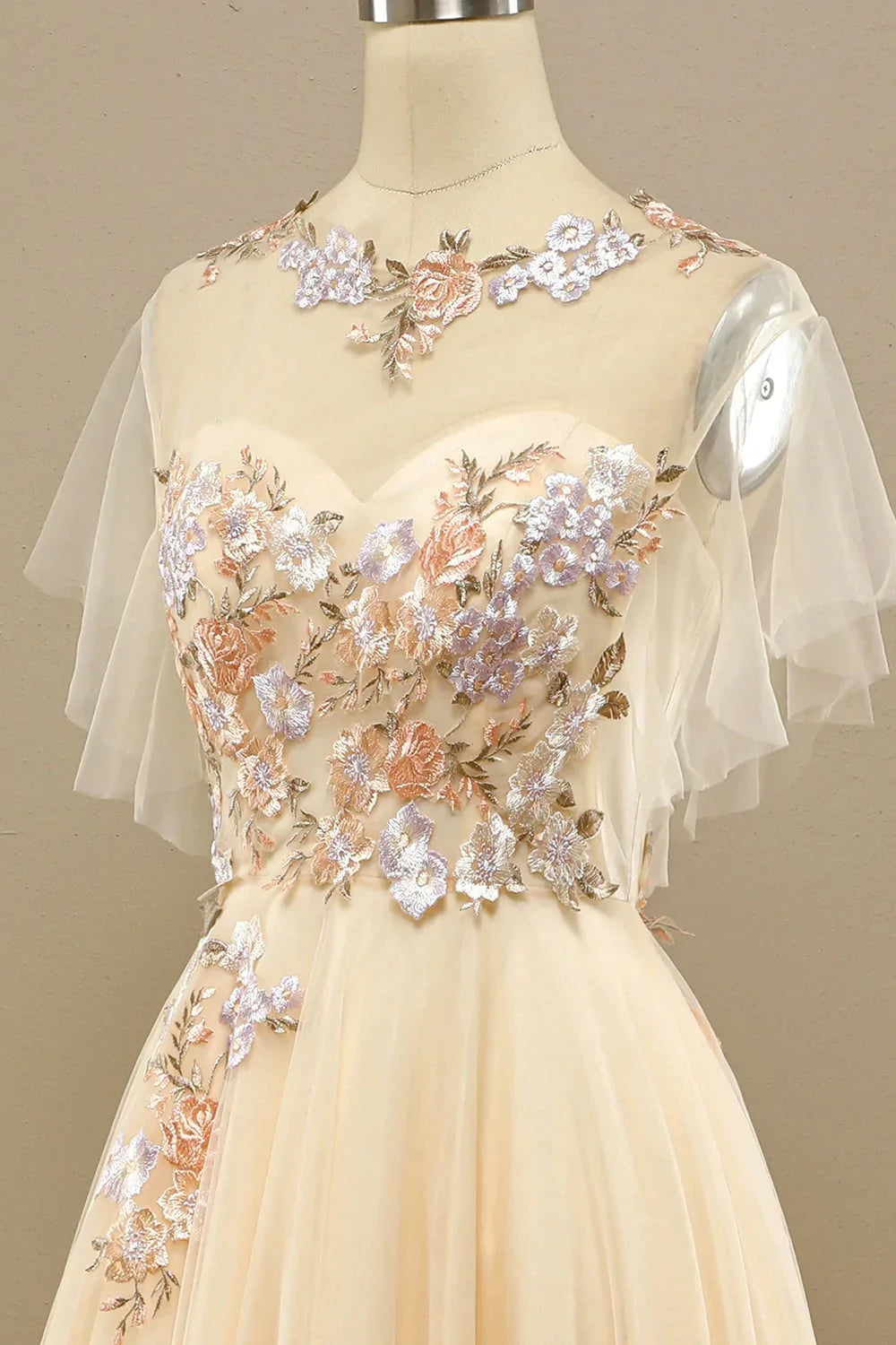 A Line Floral Short Sleeves Long Prom Dress With Appliques