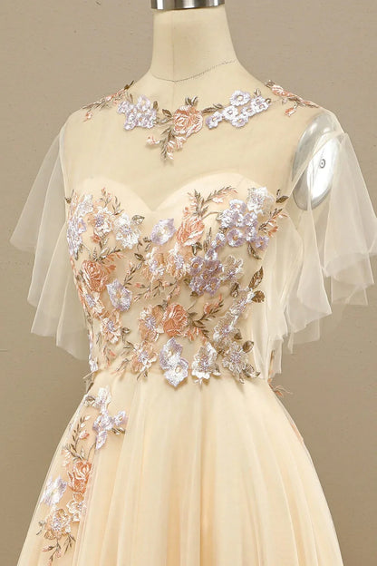 A Line Floral Short Sleeves Long Prom Dress With Appliques