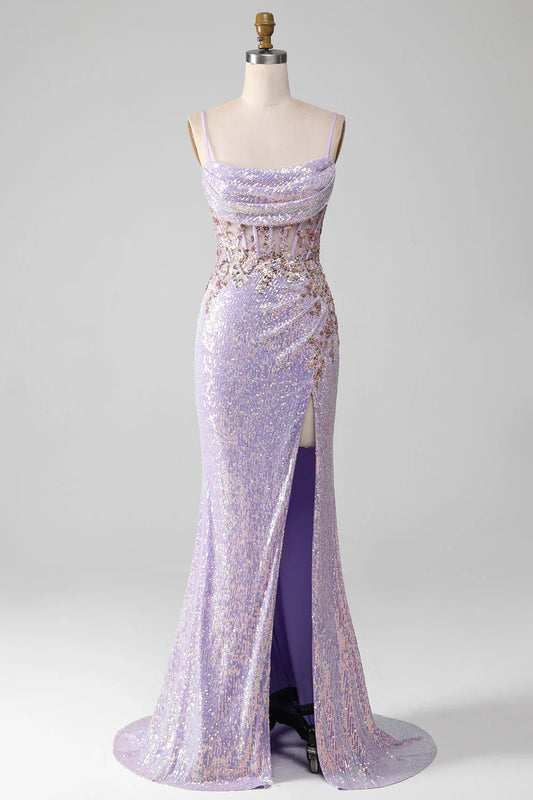 Sparkly Spaghetti Straps Mermaid Prom Dress With Slit