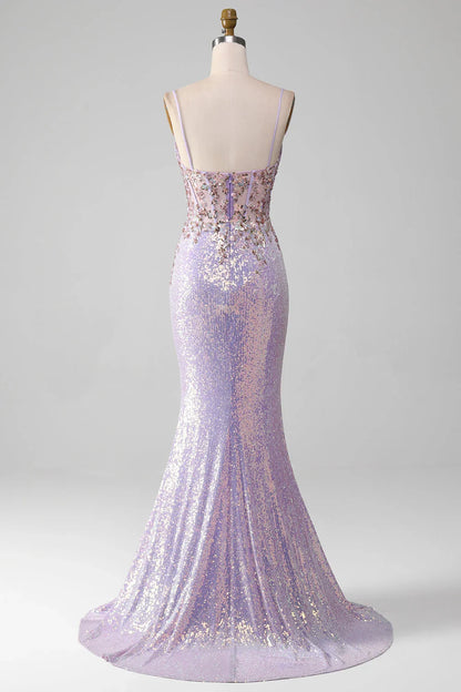 Sparkly Spaghetti Straps Mermaid Prom Dress With Slit