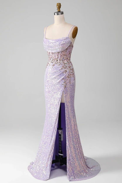 Sparkly Spaghetti Straps Mermaid Prom Dress With Slit