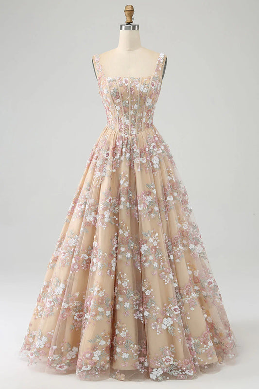 A Line Square Neck Corset Prom Dress With Appliques