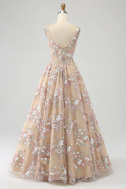 A Line Square Neck Corset Prom Dress With Appliques