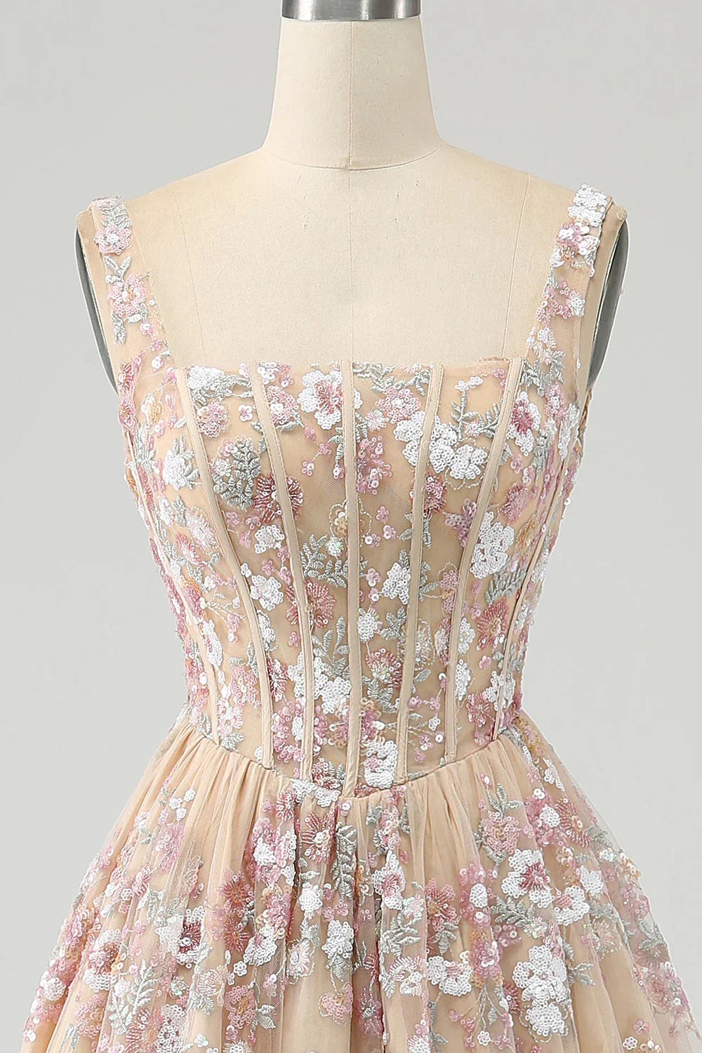 A Line Square Neck Corset Prom Dress With Appliques
