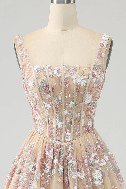A Line Square Neck Corset Prom Dress With Appliques