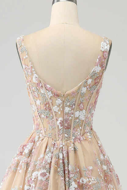 A Line Square Neck Corset Prom Dress With Appliques