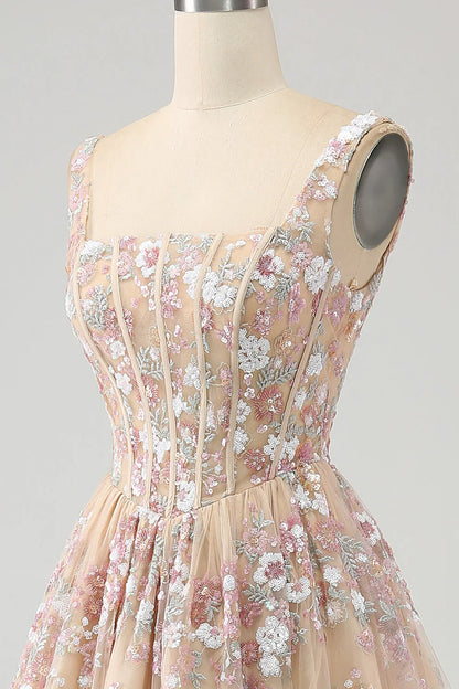 A Line Square Neck Corset Prom Dress With Appliques