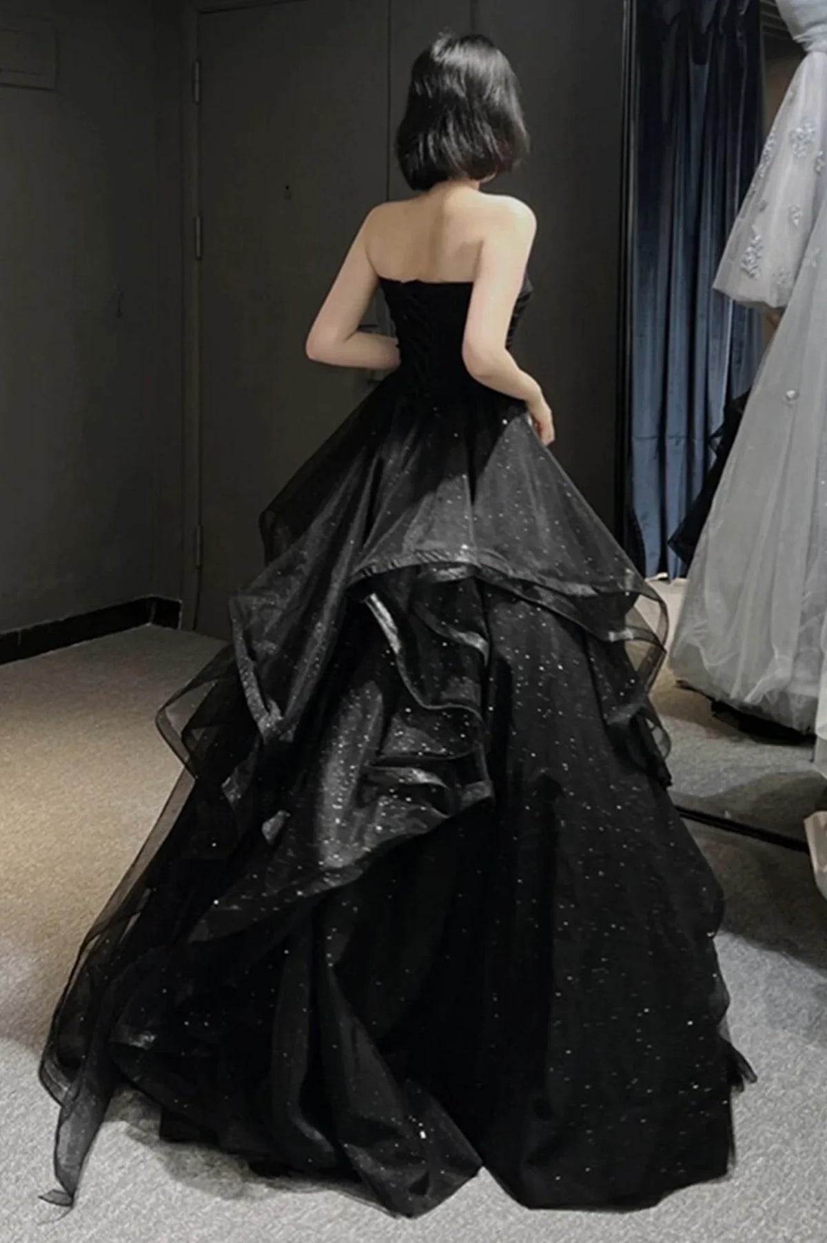 Off-the-Shoulder Black Tulle Multi Layer Long A-Line Prom Dress