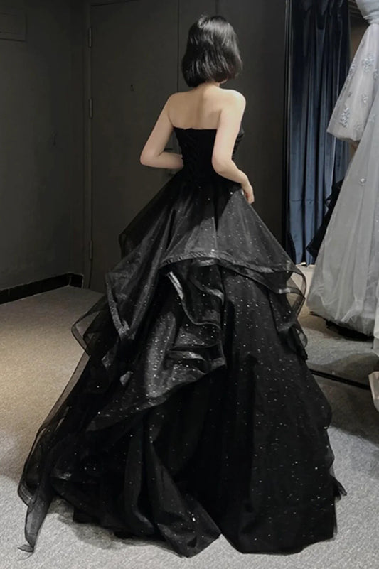 Off-the-Shoulder Black Tulle Multi Layer Long A-Line Prom Dress