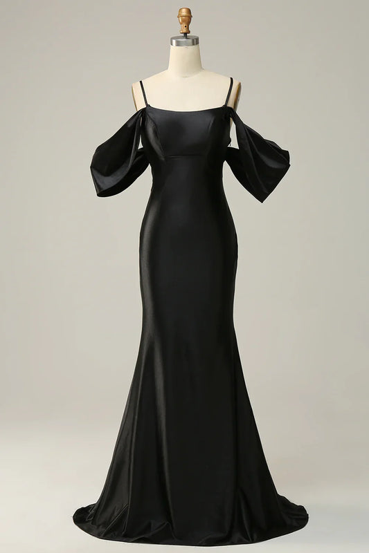 Spaghetti Straps Backless Cold Shoulder Mermaid Satin Prom Dress