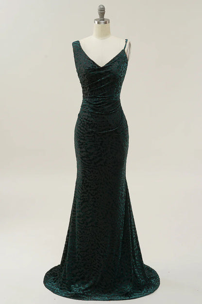 Mermaid V Neck Dark Green Velvet Long Prom Dress