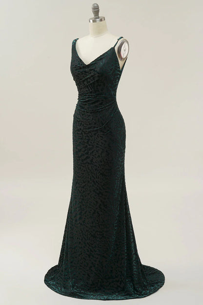 Mermaid V Neck Dark Green Velvet Long Prom Dress