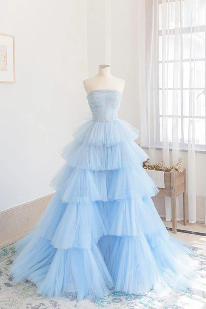 A-Line Strapless Blue Layers Tulle Long Prom Dresses