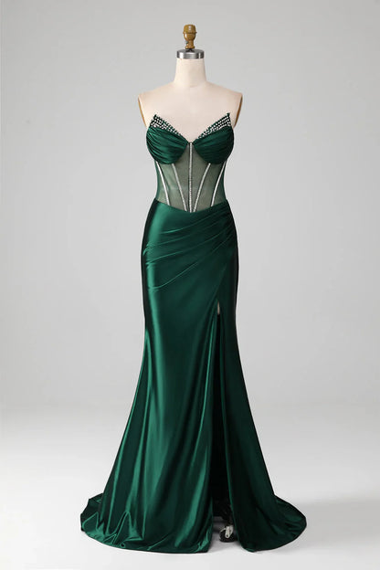 Dark Green Mermaid Sweetheart Corset Prom Dress With Split Front