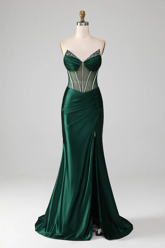 Dark Green Mermaid Sweetheart Corset Prom Dress With Split Front