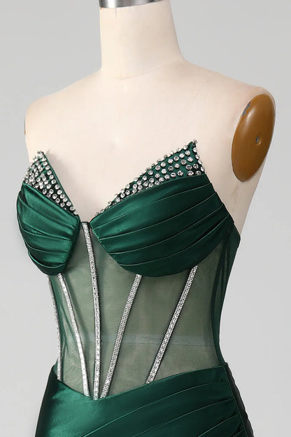 Dark Green Mermaid Sweetheart Corset Prom Dress With Split Front