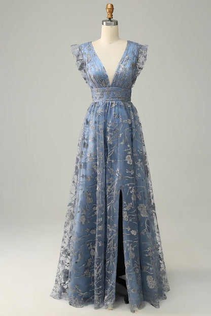 A Line Deep V Neck Prom Dress With Embroidery