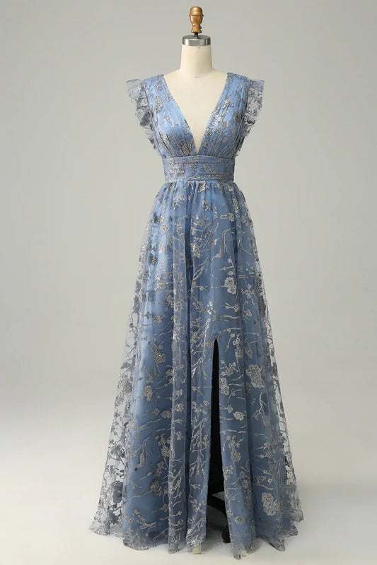 A Line Deep V Neck Prom Dress With Embroidery