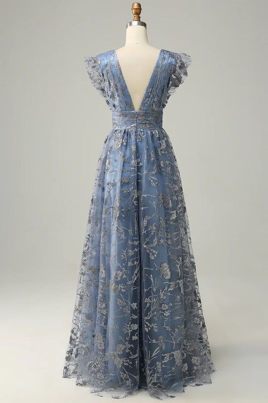 A Line Deep V Neck Prom Dress With Embroidery