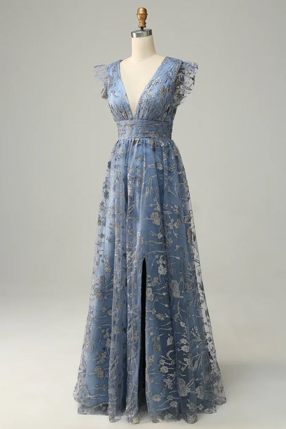 A Line Deep V Neck Prom Dress With Embroidery