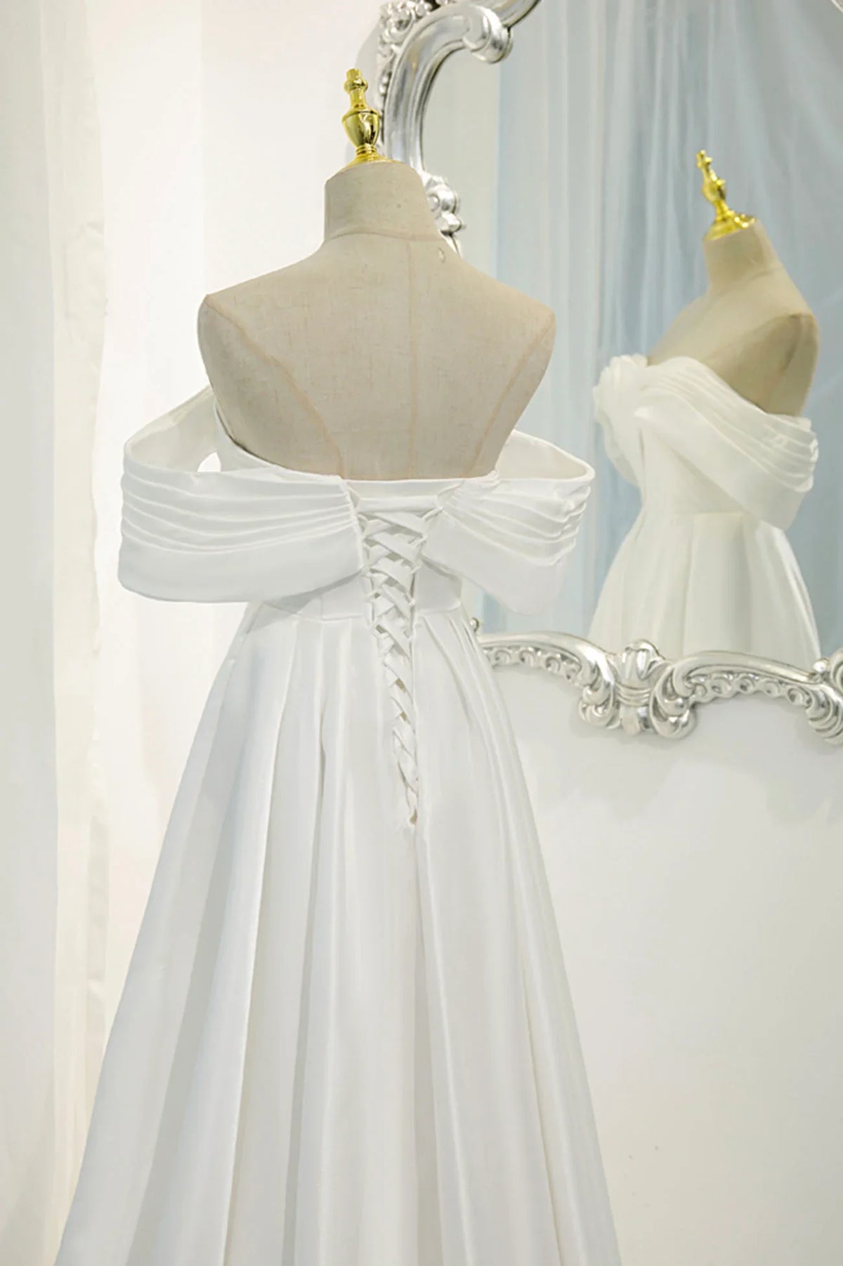 Off the Shoulder White Satin Long Prom Dress