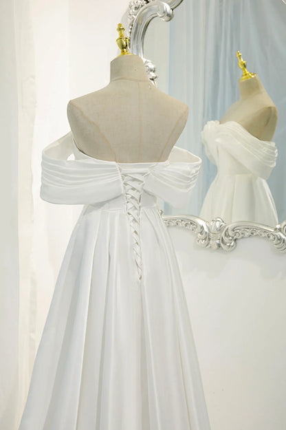 Off the Shoulder White Satin Long Prom Dress