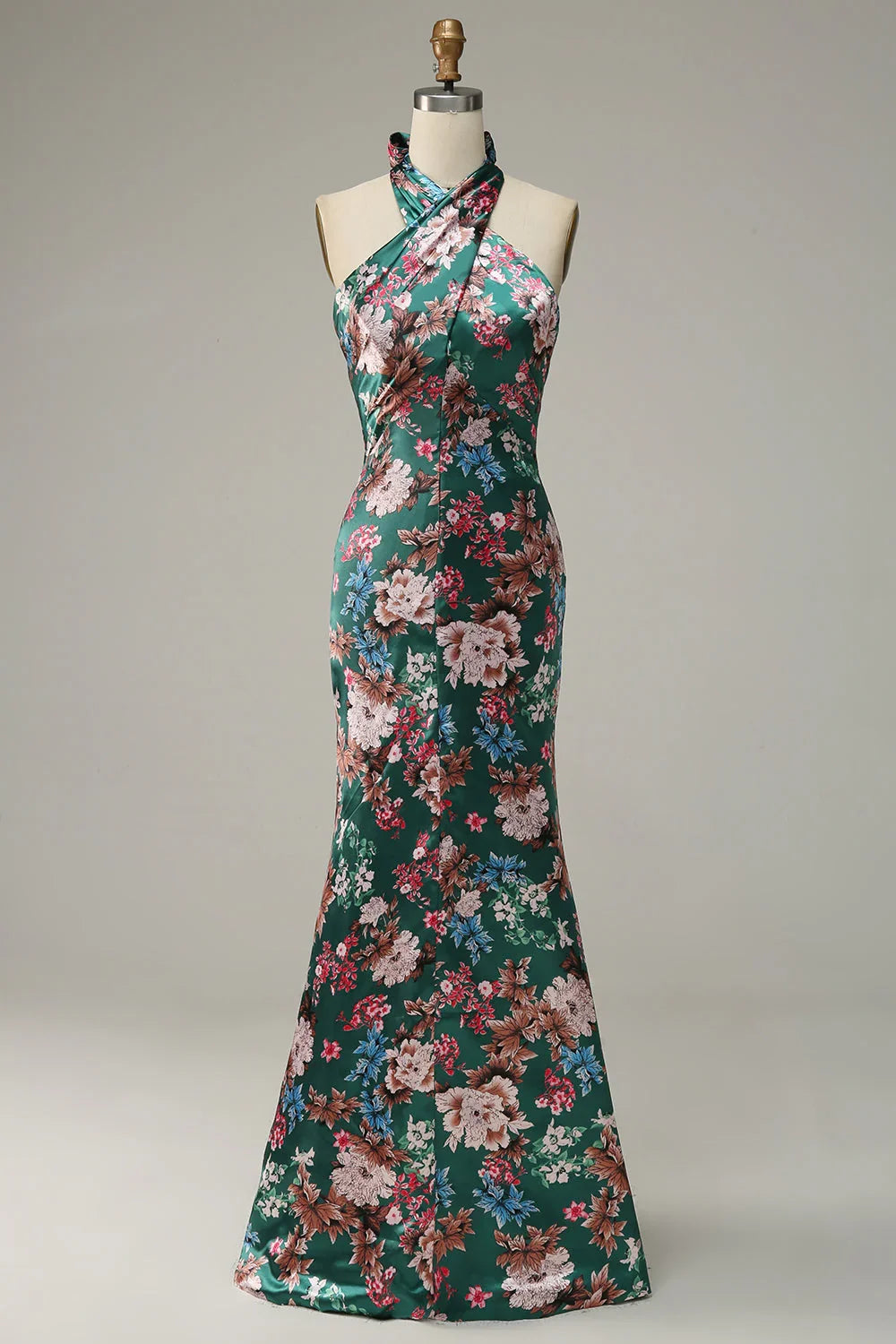 Flower Print Halter Prom Dress With Lace Up