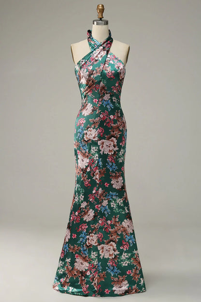 Flower Print Halter Prom Dress With Lace Up