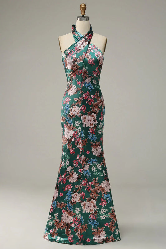 Flower Print Halter Prom Dress With Lace Up