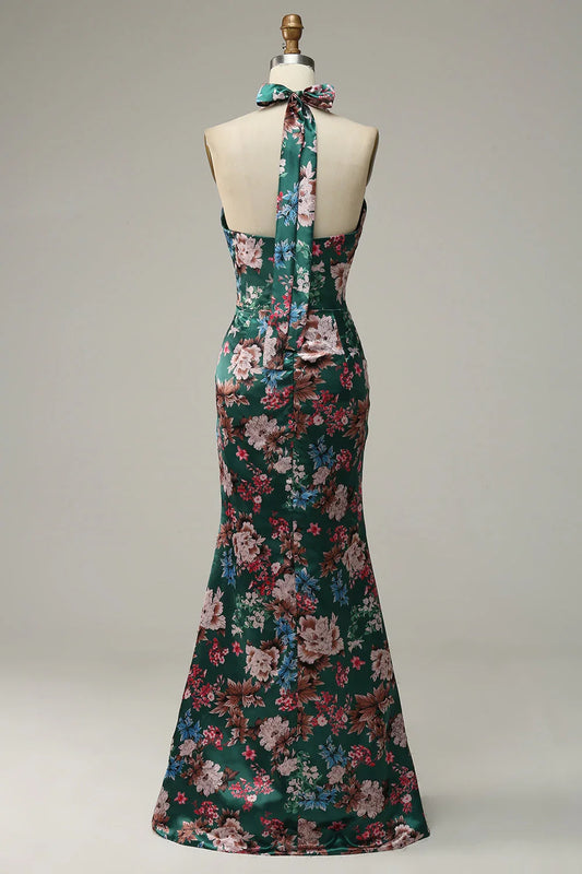 Flower Print Halter Prom Dress With Lace Up