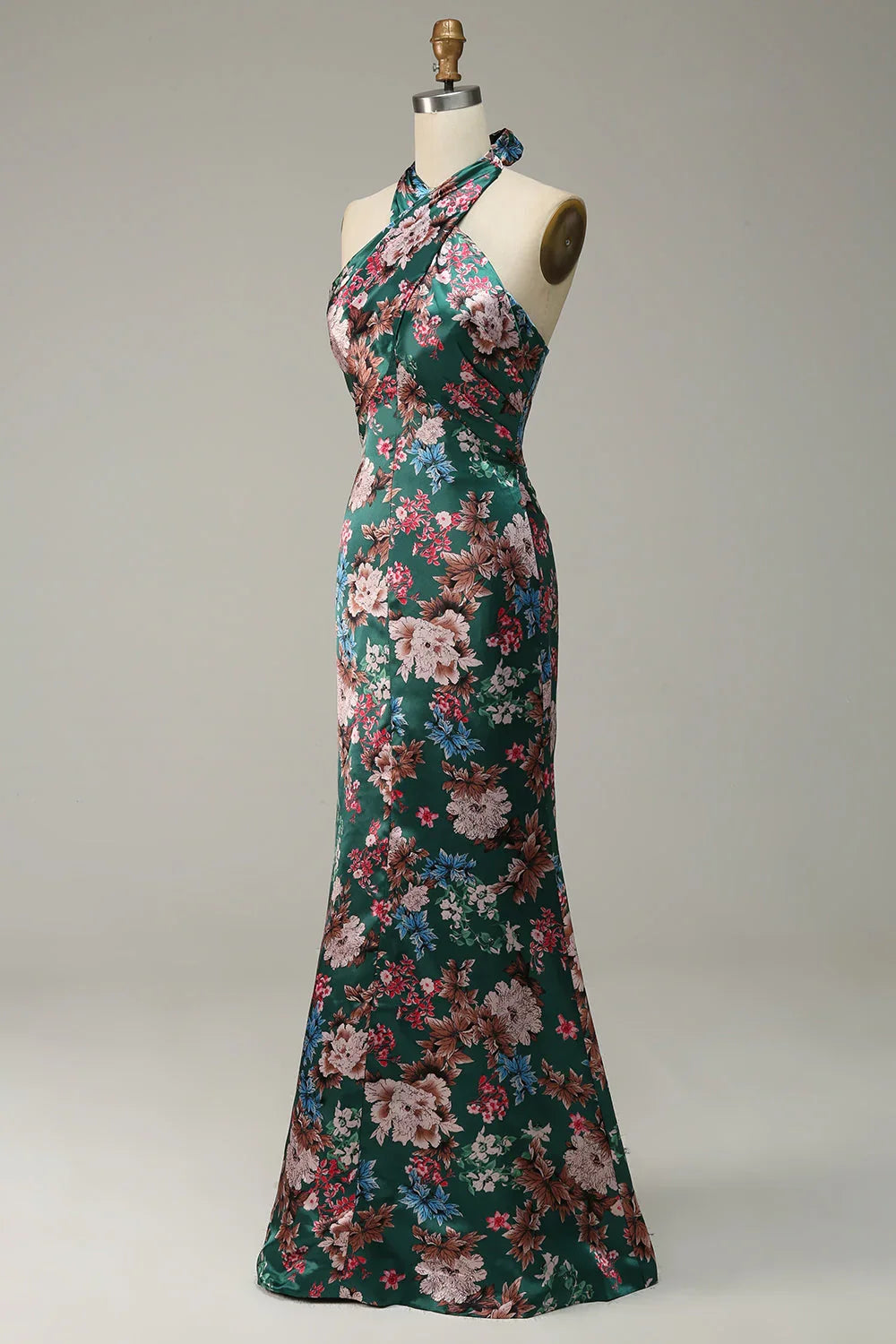 Flower Print Halter Prom Dress With Lace Up