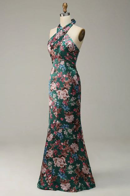 Flower Print Halter Prom Dress With Lace Up