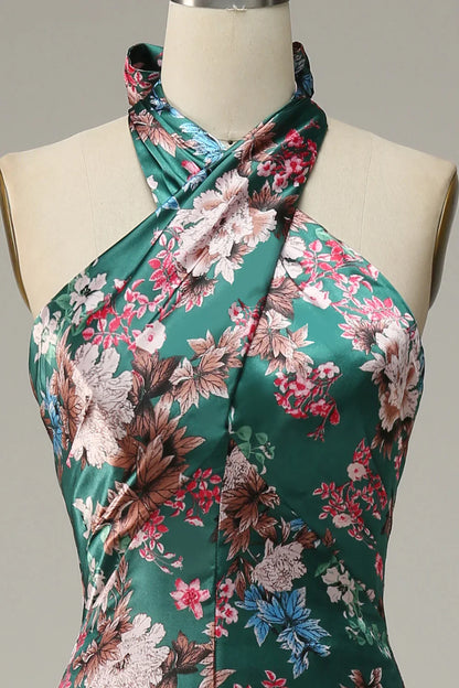 Flower Print Halter Prom Dress With Lace Up