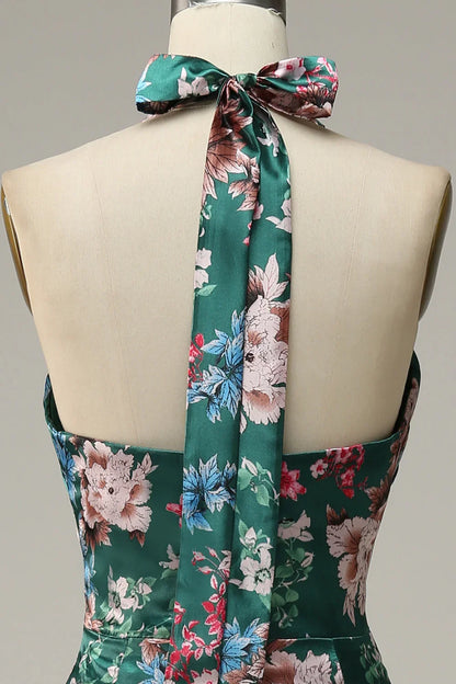 Flower Print Halter Prom Dress With Lace Up